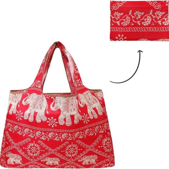 Large Foldable Nylon Reusable Tote Bag with Elephants Pattern for Shopping and T - Picture 4 of 6